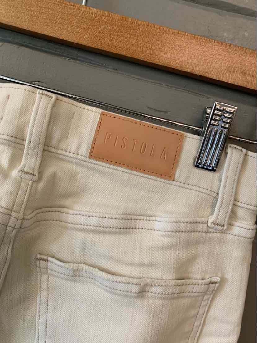 Light beige denim jeans with leather PISTOLA patch on the waistband and classic five-pocket design.