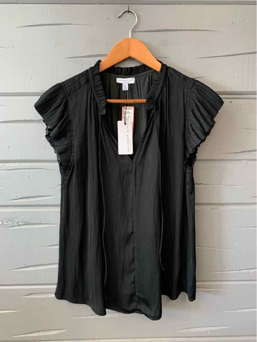 Black short-sleeve blouse with pleated shoulders and lightweight fabric on wooden hanger.
