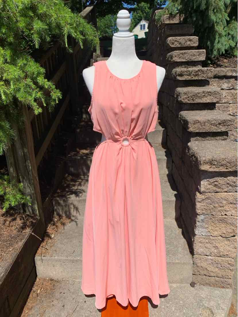 Sleeveless coral pink midi dress with cinched waist and round neckline on white mannequin.
