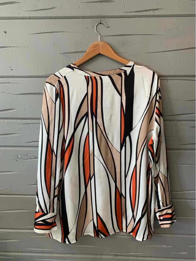 Long-sleeve blouse with abstract beige, black, and rust geometric pattern, lightweight fabric, size XL.