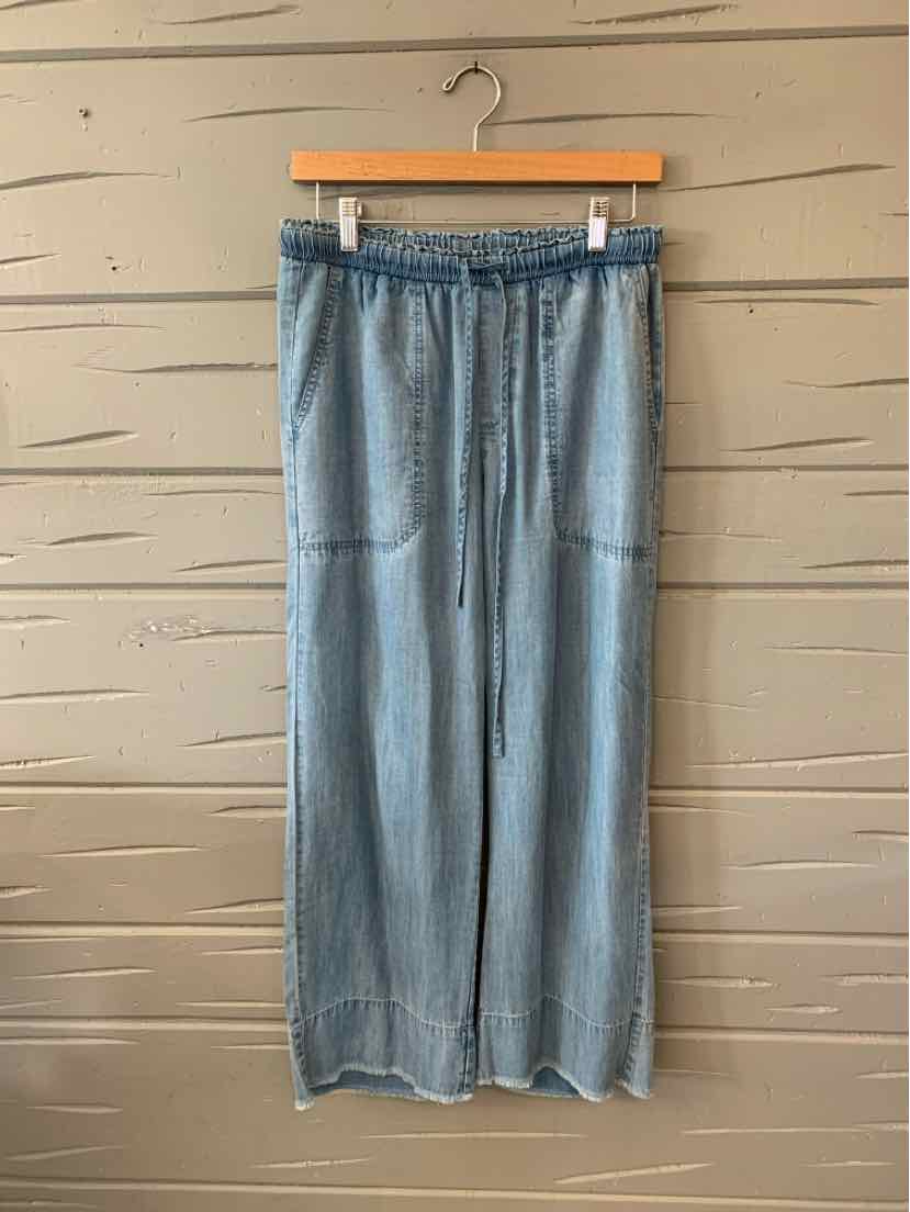 Light blue chambray wide-leg pants with elastic waistband and drawstring, size small.