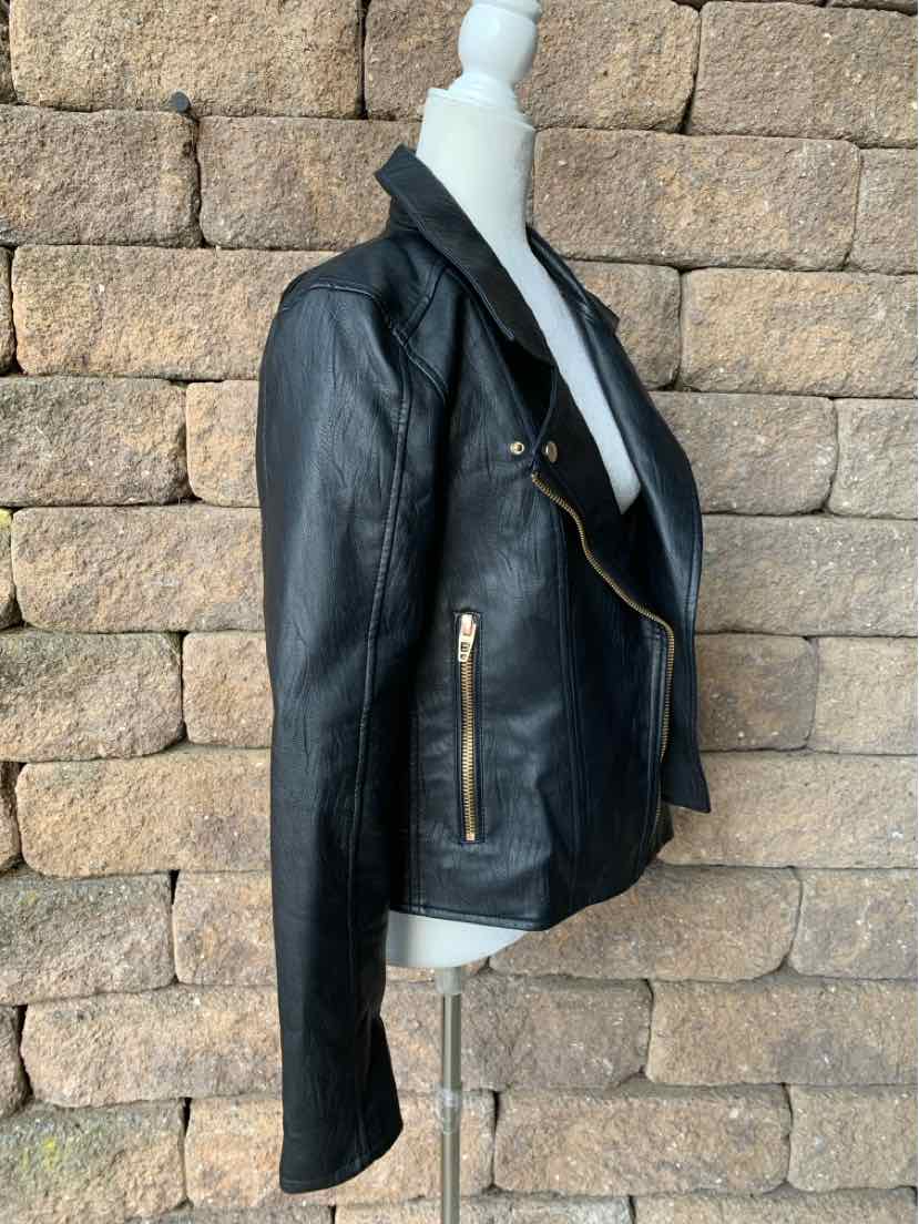 Black leather biker jacket with asymmetrical zip and zippered pockets, size medium.