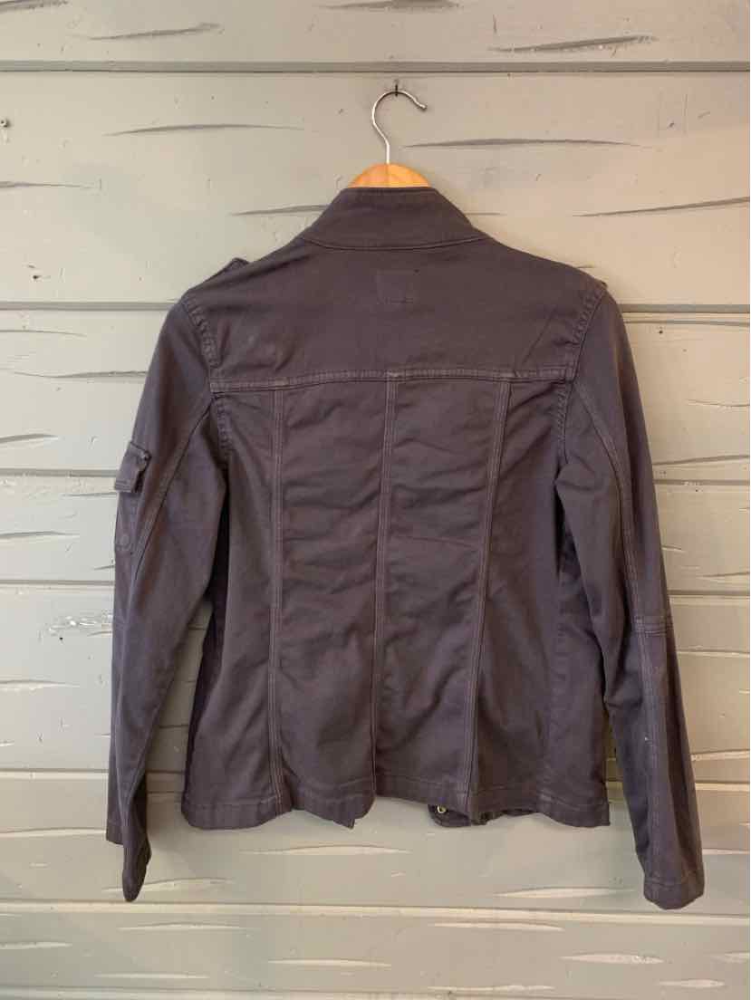 Gray long-sleeve jacket with stitched back panel and fitted silhouette on wooden hanger.