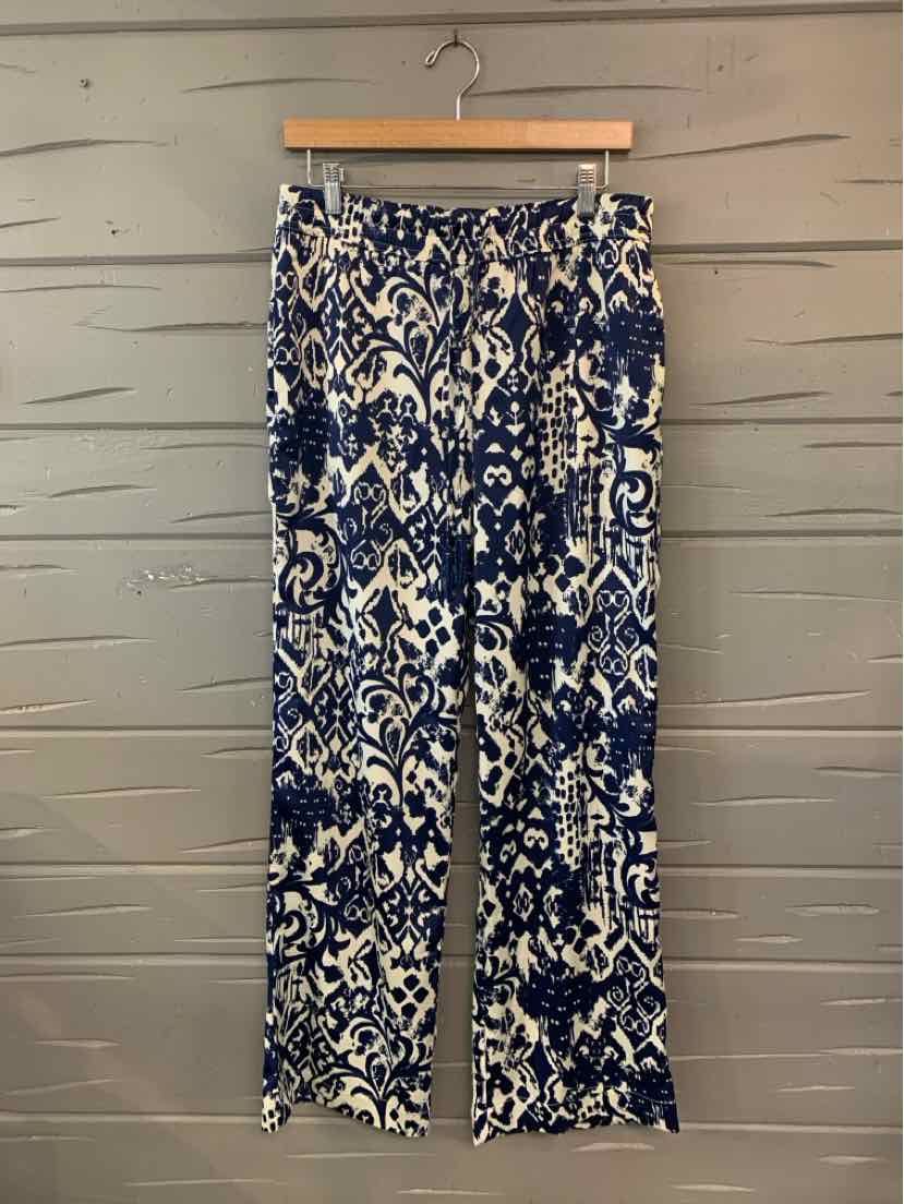 Blue and white patterned straight-leg pants with elastic waistband, medium size.