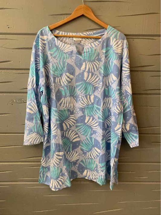 Light blue long-sleeve blouse with white and teal tropical leaf print, size 2XL.
