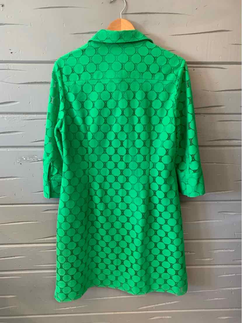 Green lace dress with 3/4 sleeves, collar, and A-line silhouette, size 14.