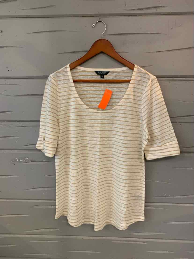 White short-sleeve top with light beige horizontal stripes and scoop neckline hanging on wooden hanger.