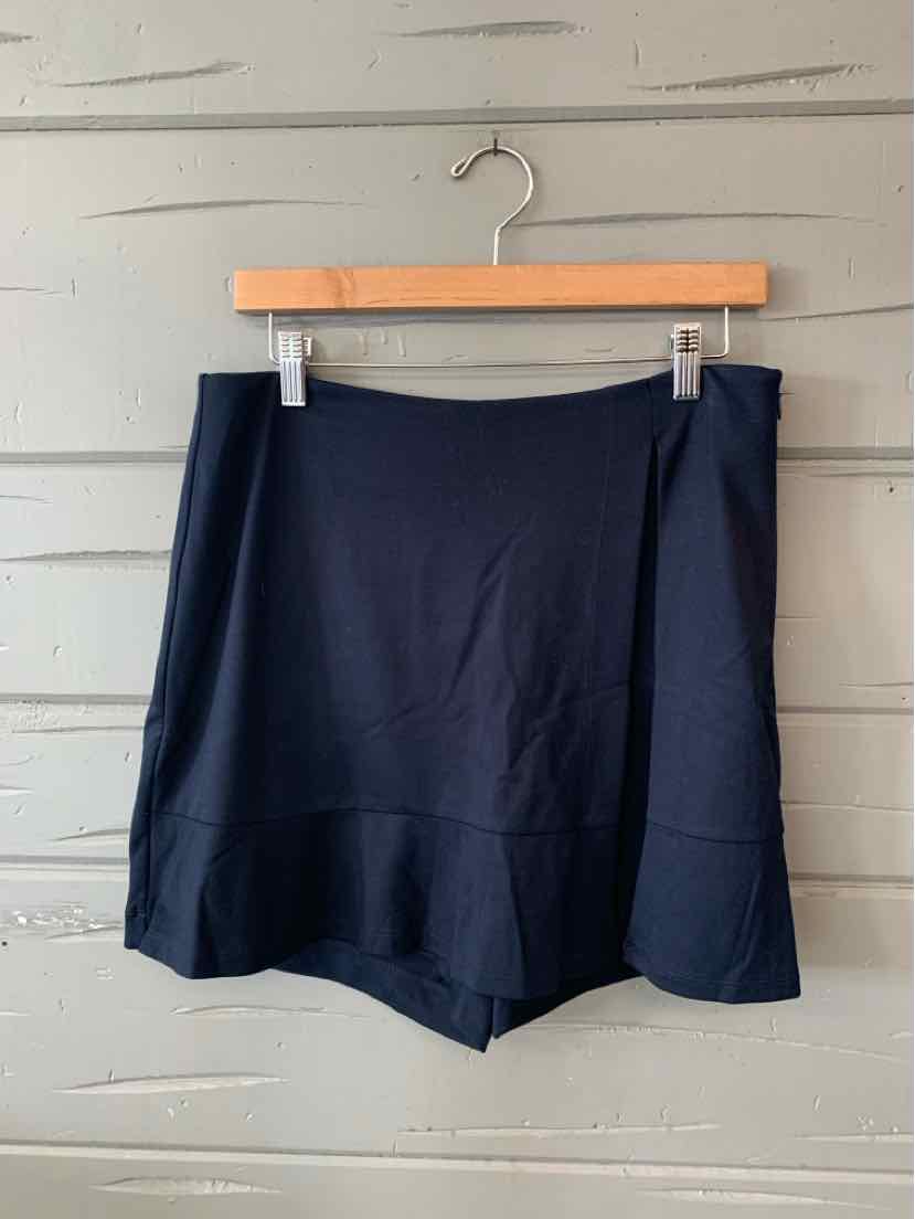 Navy blue solid skirt with subtle flared hem and smooth fabric hanging on wooden hanger.