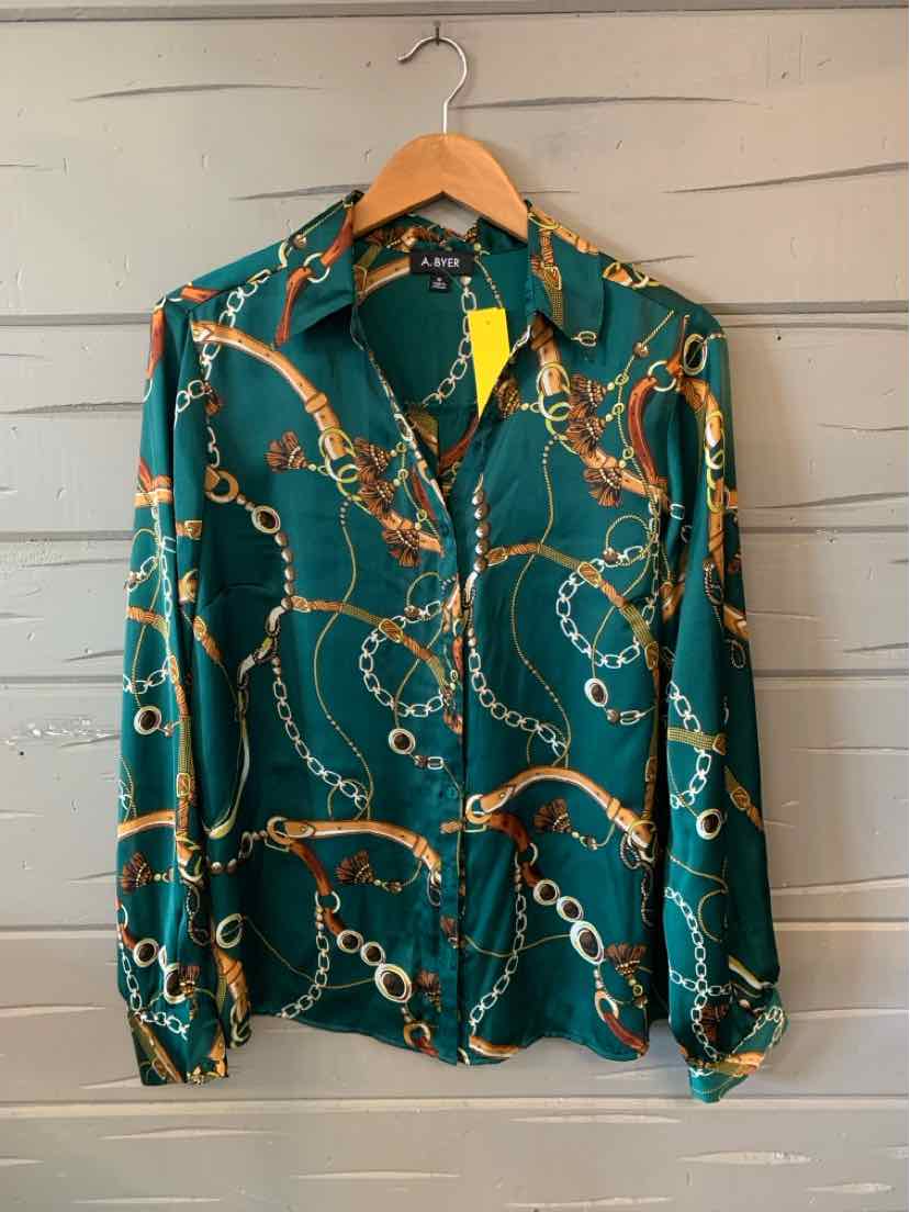 Teal long-sleeve blouse with gold chain and rope pattern, button-down front, collar, and cuffed sleeves.