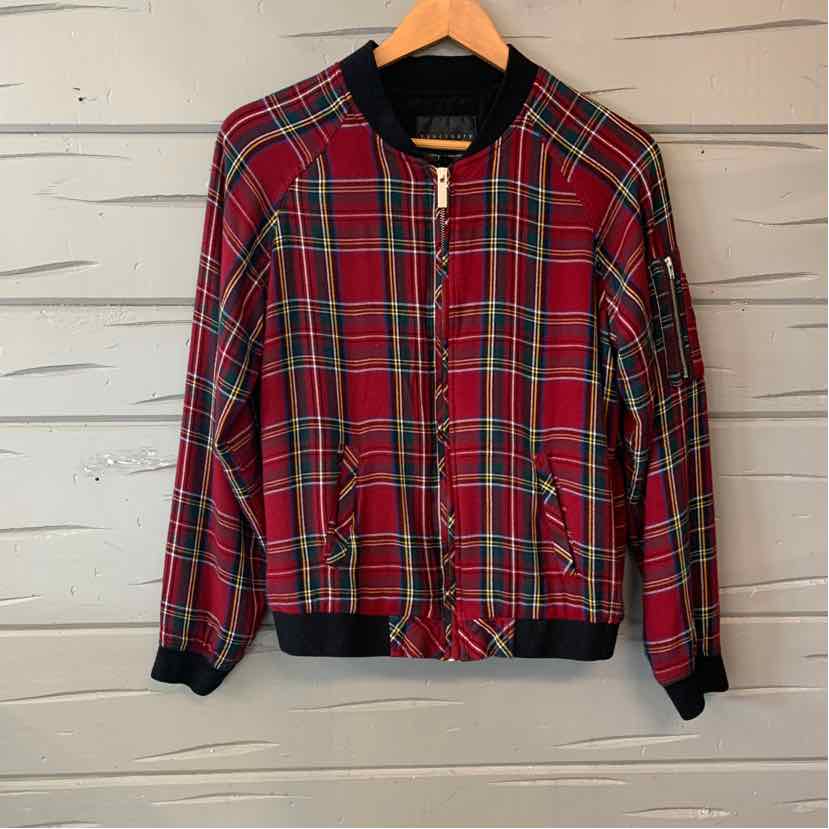 Red plaid zip-front jacket with black ribbed collar, cuffs, and hem.