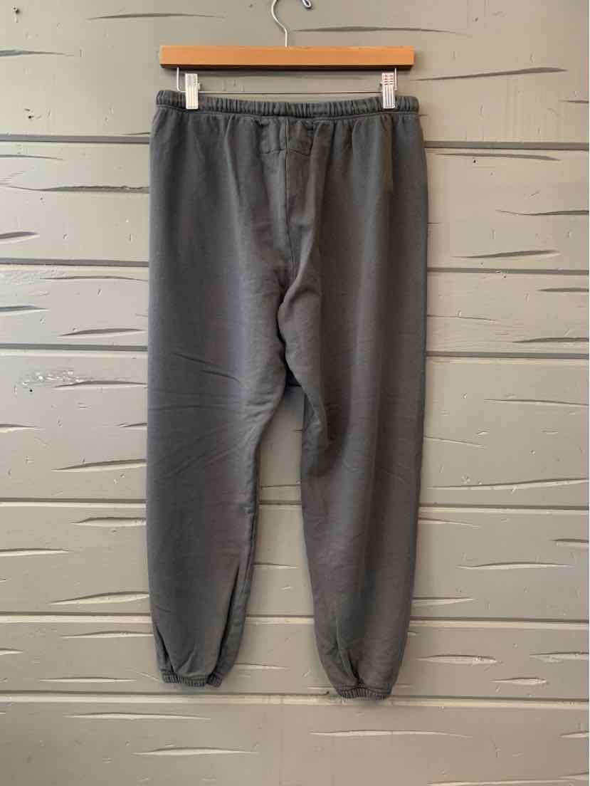 Dark gray jogger pants with elastic waistband and cuffs, made of soft fabric, size small.