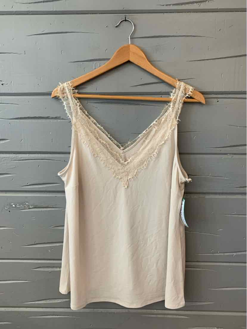 Light beige lace-trimmed sleeveless top with V-neck on wooden hanger.