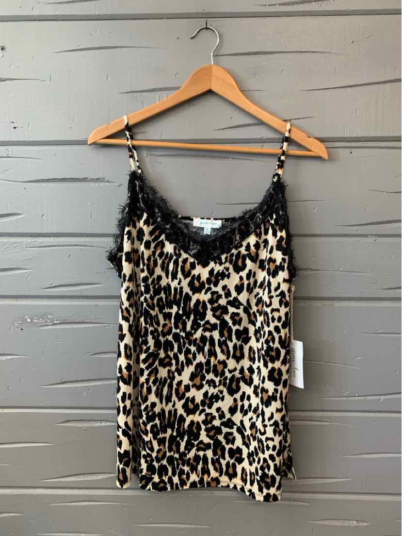 Black lace-trimmed cheetah print camisole with adjustable thin straps, size large.