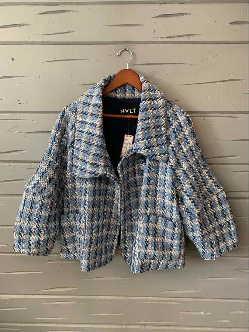 Blue and white tweed cropped jacket with wide collar and slightly balloon sleeves, size small.