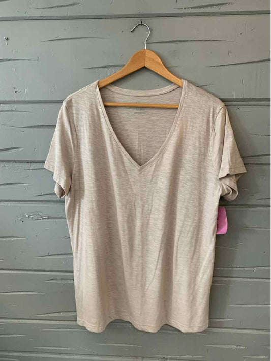 Beige short-sleeve V-neck casual T-shirt in XXL hanging on wooden hanger.