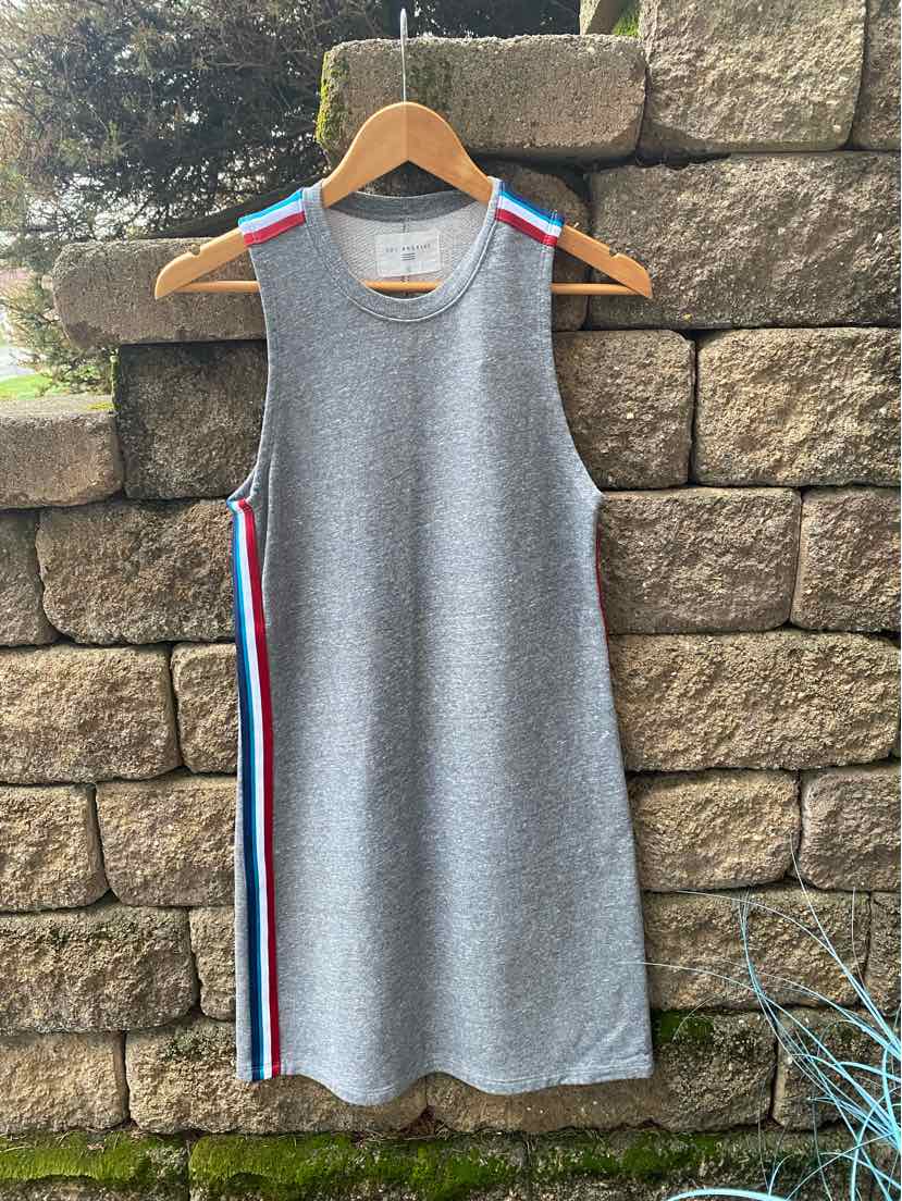Gray sleeveless knit dress with red, white, and blue striped side panels, XS size.