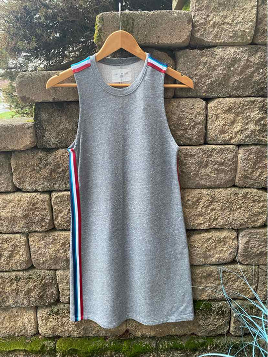 Gray sleeveless knit dress with red, white, and blue striped side panels, XS size.