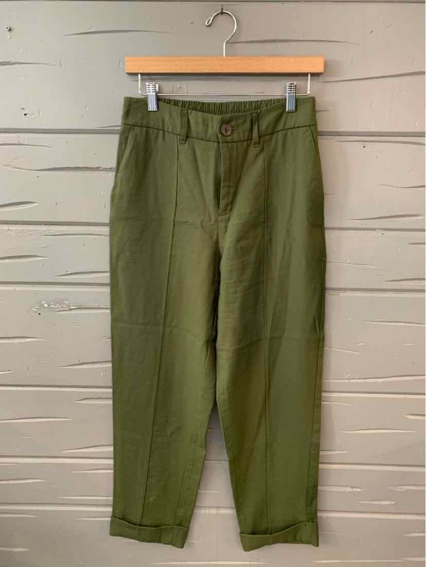 Olive green high-waist tapered pants with belt loops and front button closure.