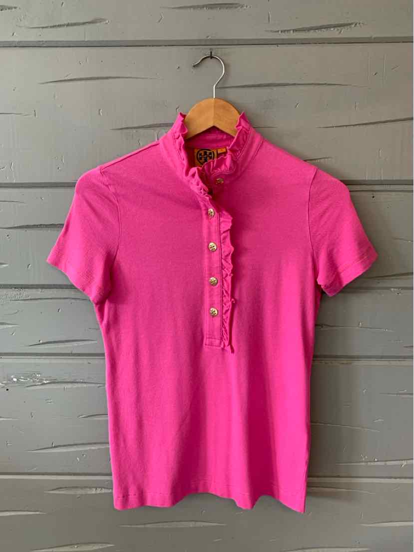 Bright pink short-sleeve polo shirt with ruffled collar and white buttons down the front placket.