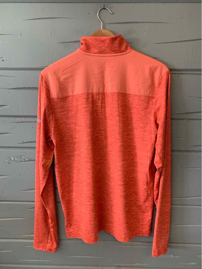 Orange long-sleeve pullover with high collar, lightweight textured fabric, slim fit, medium size.