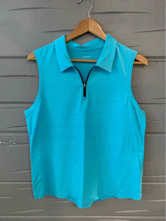 Teal sleeveless polo shirt with quarter zip and textured fabric in large size.