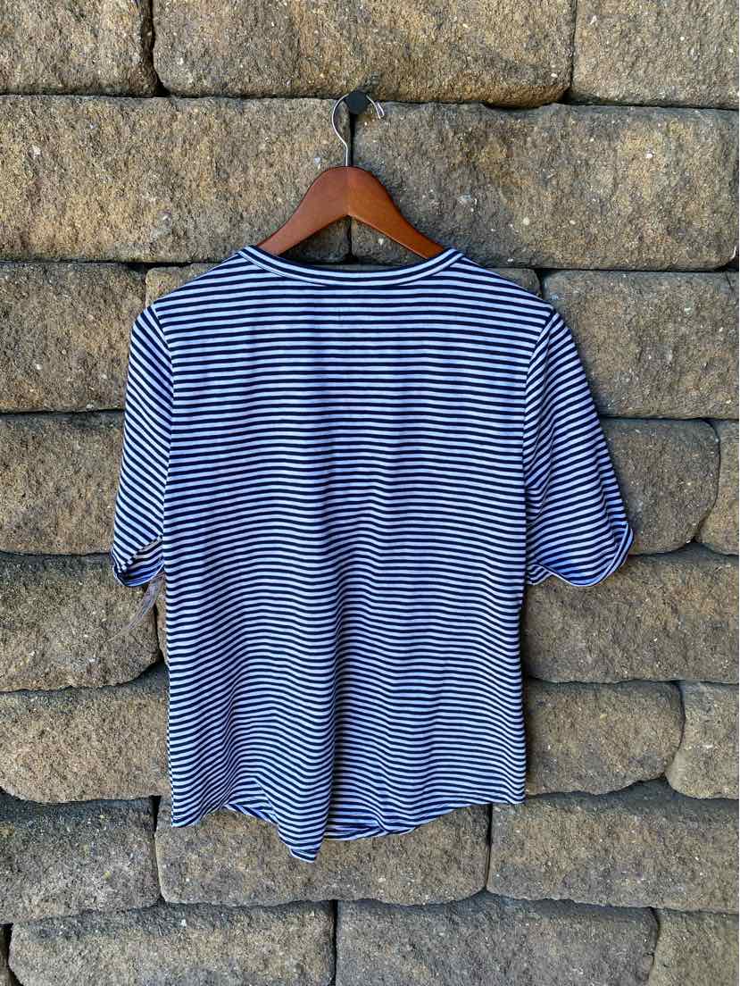 Women's short-sleeve blue and white striped shirt with a round neckline, size small.