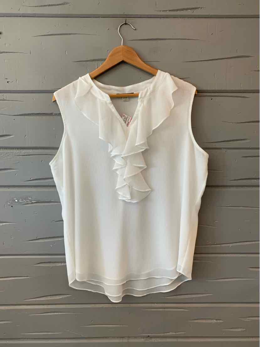 White sleeveless blouse with ruffled V-neck and lightweight fabric on wooden hanger.