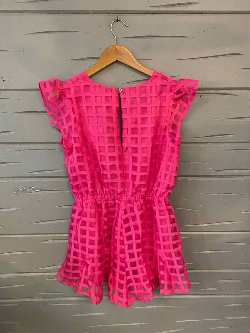 Bright pink short-sleeve romper with textured checkered pattern and cinched waist.