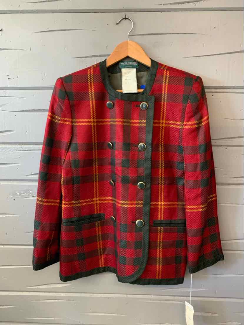 Red and green plaid wool blazer with black stripes, gold buttons, and a notched collar.