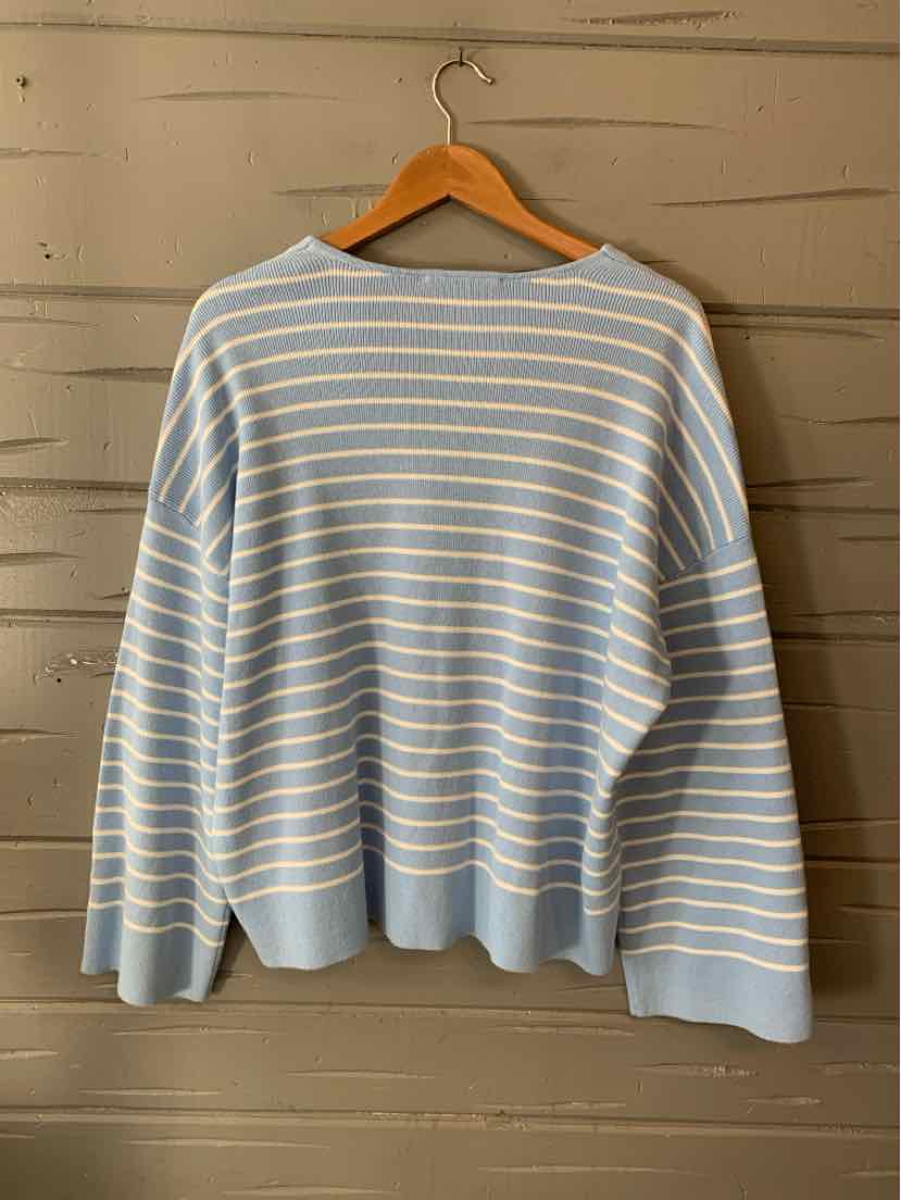 Light blue and white striped long-sleeve sweater with ribbed cuffs and hem hanging on wooden hanger.
