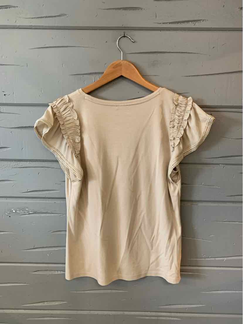 Beige short-sleeve top with round neckline and ruffled sleeves, medium size.