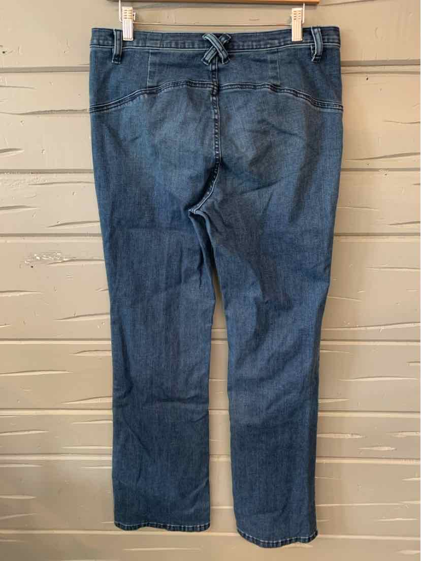 Dark blue denim jeans in size 12 with a classic five-pocket design hanging on wooden hangers against a light-colored backdrop.