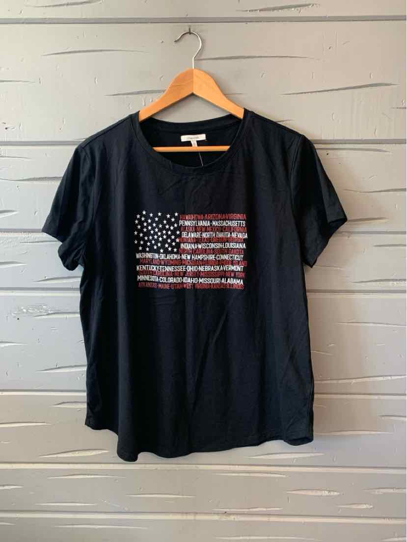 Black short-sleeve cotton t-shirt with a distressed American flag graphic on the front, plus size XXL.