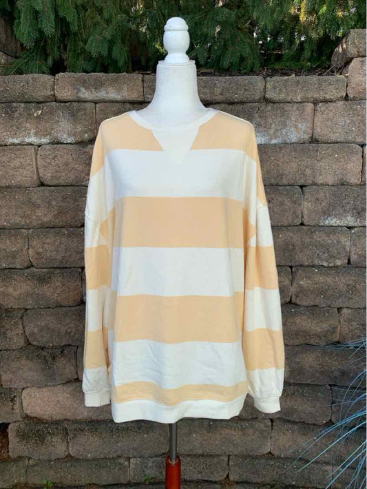 Long-sleeve women's casual top with wide white and beige stripes, relaxed fit, and ribbed cuffs.