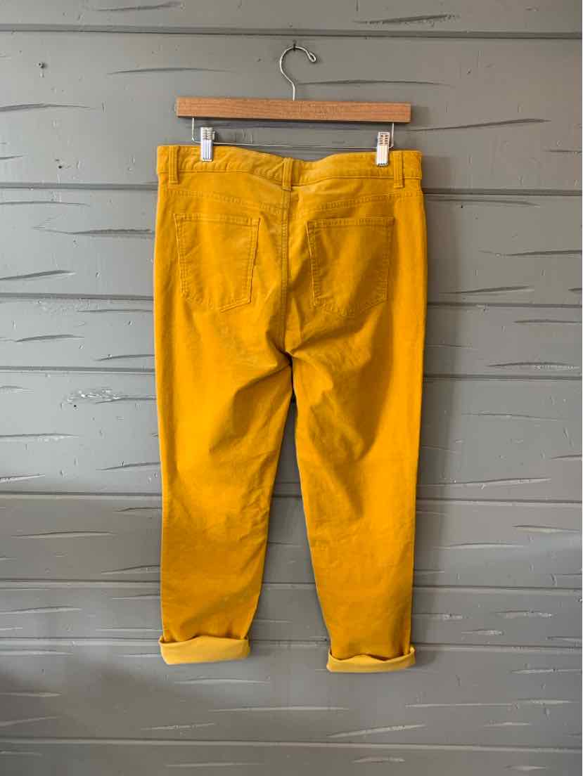 Mustard yellow corduroy pants with cuffed hems and back pockets hanging on wooden hanger against gray wooden wall.