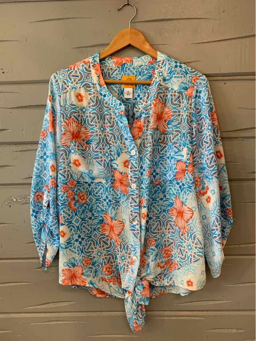 Light blue tropical blouse with orange floral pattern, long sleeves, and front tie in XL size.