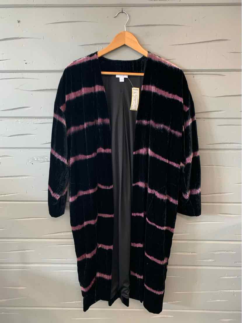 Black and pink tie-dyed long cardigan with open front and relaxed fit, size small.
