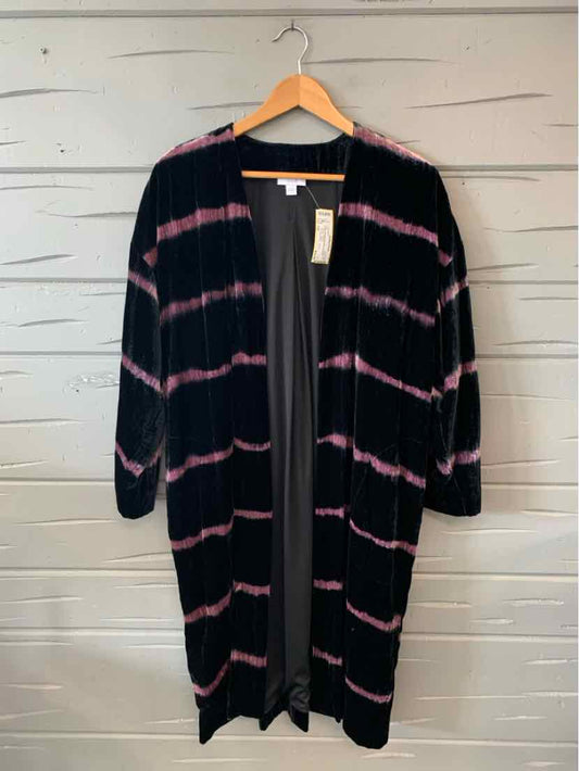 Black and pink tie-dyed long cardigan with open front and relaxed fit, size small.