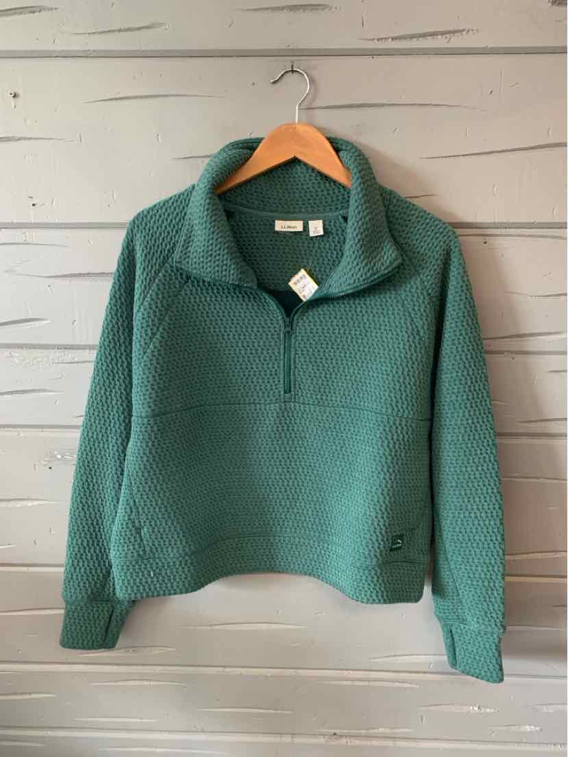 Teal quilted half-zip pullover with stand collar and long sleeves, size medium petite.