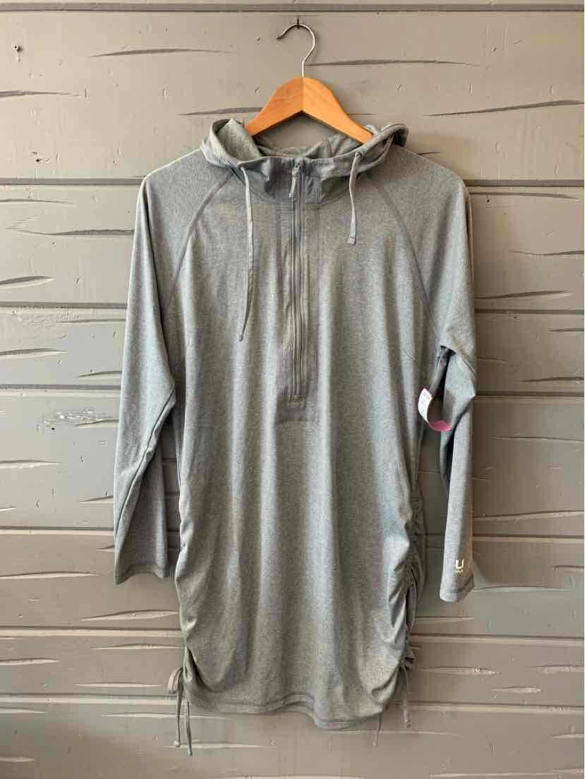 Light gray long-sleeve hooded dress with drawstring waist and side pocket detail.