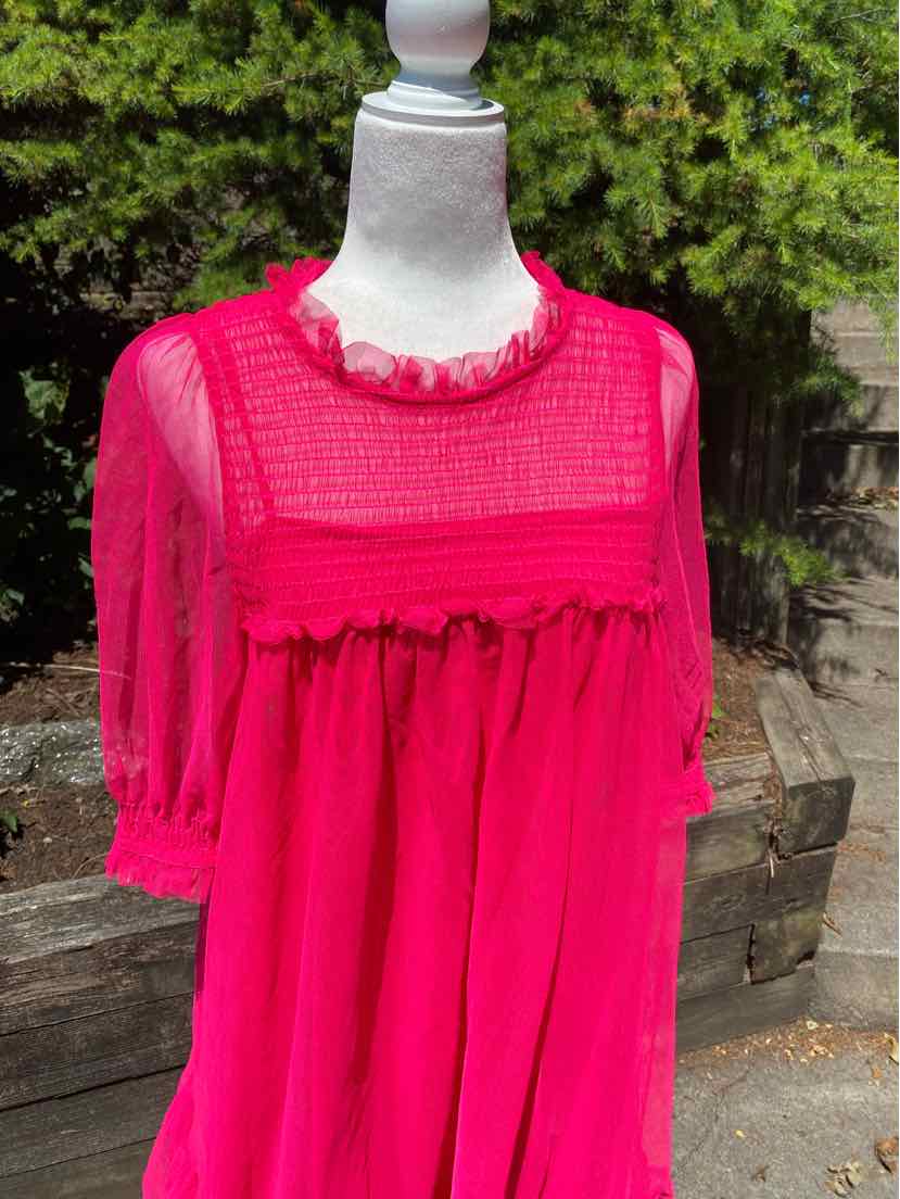 Bright pink knee-length dress with sheer puff sleeves and ruffled neckline detail on mannequin outdoors.