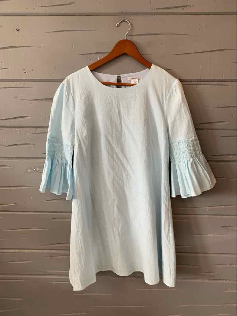 Light blue knee-length dress with round neckline and three-quarter pleated bell sleeves on wooden hanger.