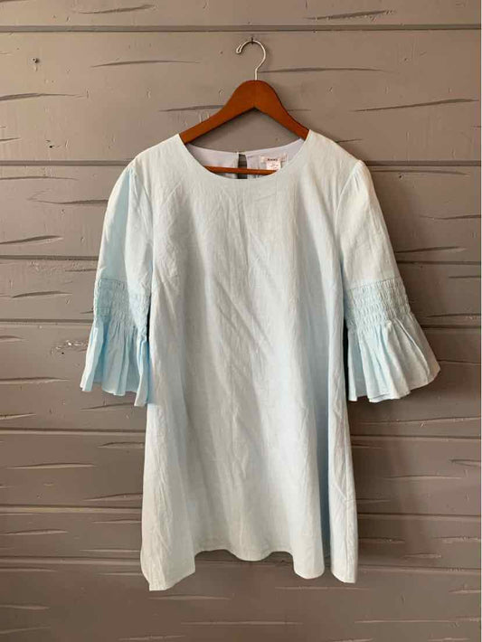 Light blue knee-length dress with round neckline and three-quarter pleated bell sleeves on wooden hanger.