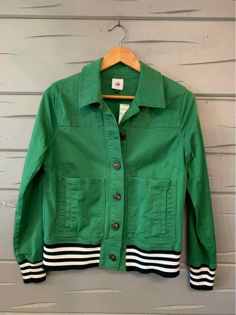 Green button-up jacket with collared neck, front patch pockets, and black-and-white striped cuffs and hem.