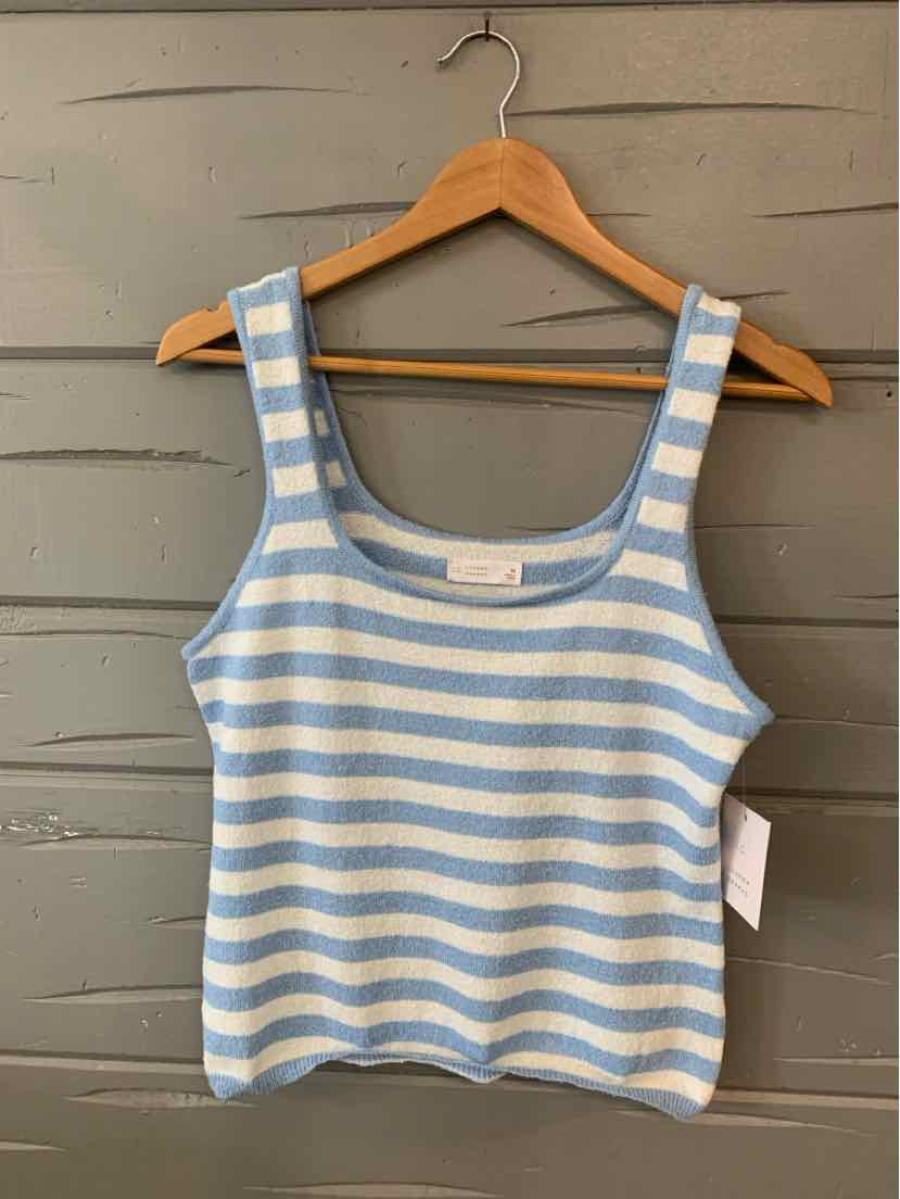 Blue and white striped knit tank top with scoop neckline and wide straps, size medium.