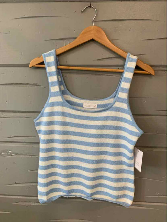 Blue and white striped knit tank top with scoop neckline and wide straps, size medium.
