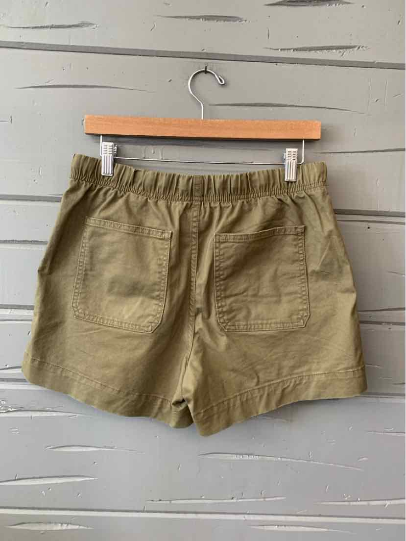 Olive green shorts with elastic waistband and two back patch pockets hanging on wooden hanger.
