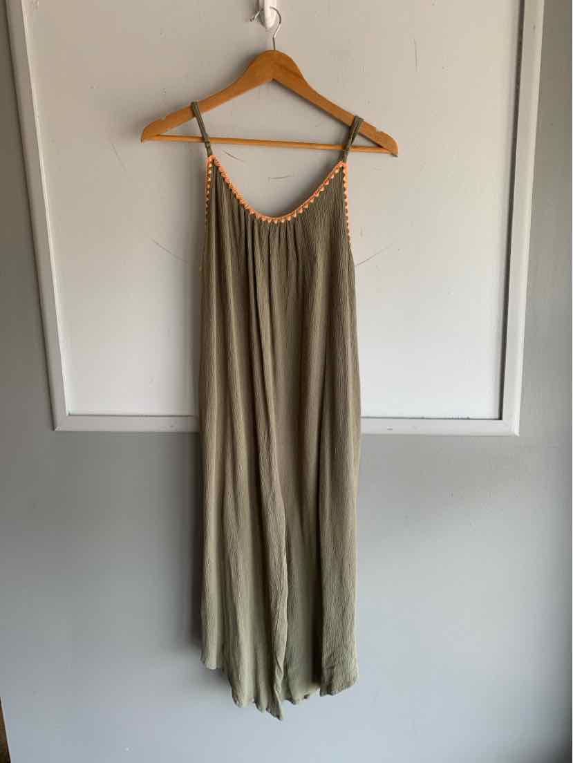 Light olive green sleeveless maxi dress with orange trim and thin straps on wooden hanger.