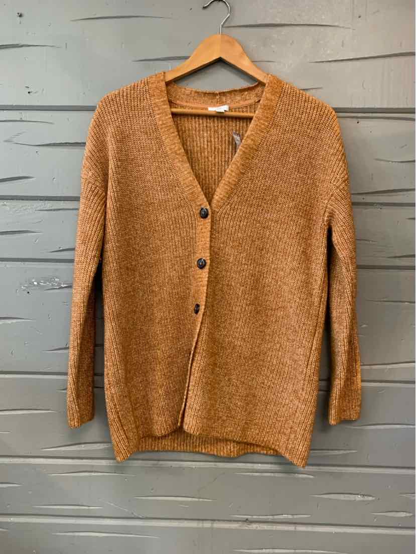 Tan J.Jill cardigan with a soft textured knit, V-neck, long sleeves, and dark front buttons.