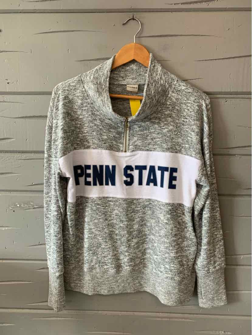 Gray quarter-zip pullover with white horizontal stripe and navy "PENN STATE" text across chest.